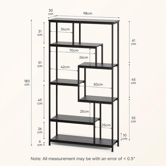 Bealife FS13 Bibliothèque – 5 tablettes – 98 x 30 x 180 cm – Noir