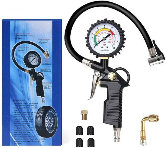 Allecta - Multifunctionele luchtdrukmeter voor bandenspanning tot 220 psi (15 bar) met ventielkern gereedschap - compressor accessoires zwart — afbeelding 3