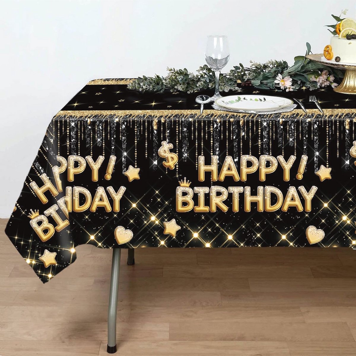 Verjaardag Tafelkleed Zwart en Goud - 3 Stuks 220x130cm