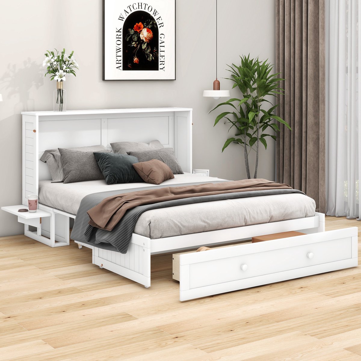 MODFU Bedframe 140x200 cm van grenen en MDF, omvouwbaar tot kast met lade en zijplanken, wit
