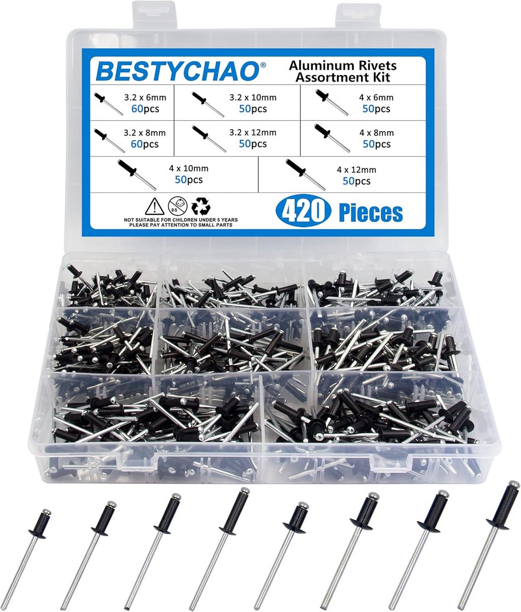 420 Stuks Aluminium Blindklinknagels Assortiment - 8 Maten (Zwart)