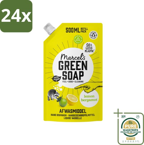Marcel’s Green Soap – Afwasmiddel – Lemon & Bergamot - Navulling – 500 ml - Voordeelverpakking - 24 stuks - Navulling - Duurzaam afwassen