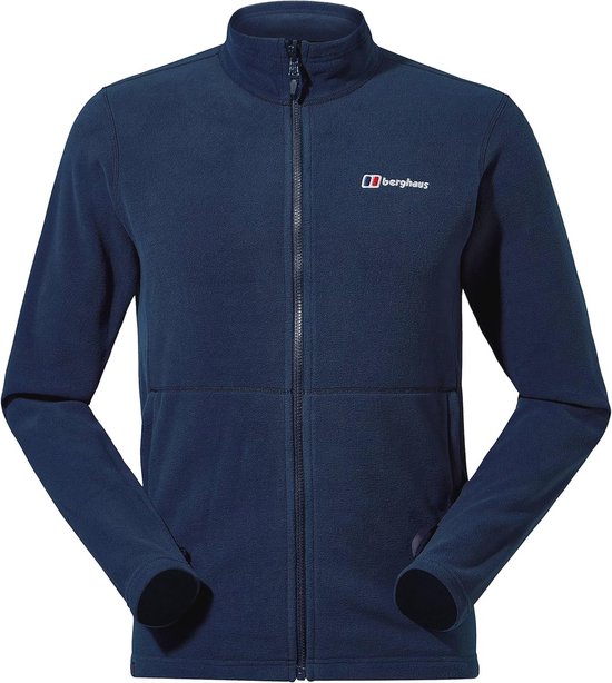 Donkerblauw heren fleecejack met rits en Berghaus logo op de borst. Staand op een witte achtergrond.