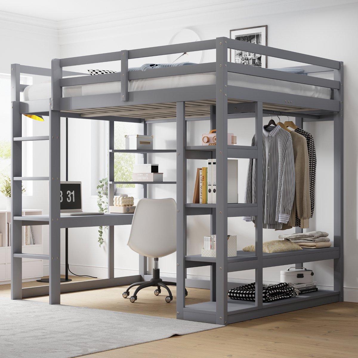 MODFU Ledikant 140x200 cm van massief hout – grijs – met bureau, garderobe en opbergruimte – alles-in-één voor tieners