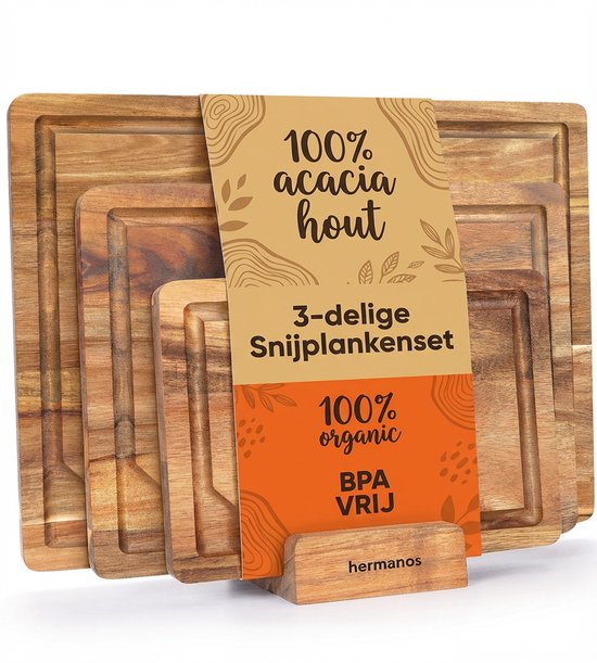 Snijplankenset met Houder - Acaciahout - 3-delig - Sapgeul - Anti Slip - Snijplank Hout - Hermanos®