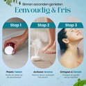 Drie stappen: tablet op de douchevloer, stoom activeert aroma, ontspannen genieten. Een vrouw geniet onder de douche.