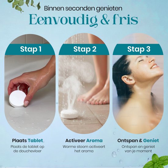 Drie stappen: tablet op de douchevloer, stoom activeert aroma, ontspannen genieten. Een vrouw geniet onder de douche.