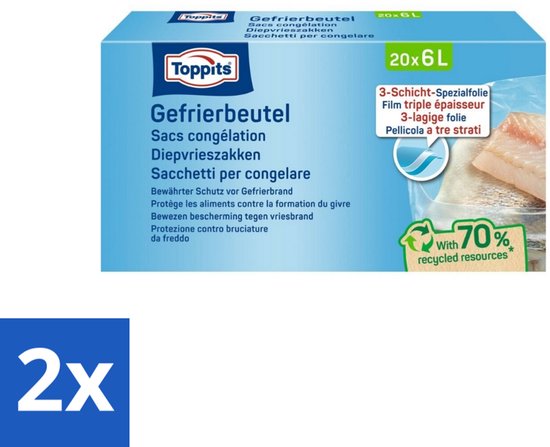 Toppits – Diepvrieszakken – 6 Liter – 20 Zakjes - Voordeelverpakking - 2 stuks