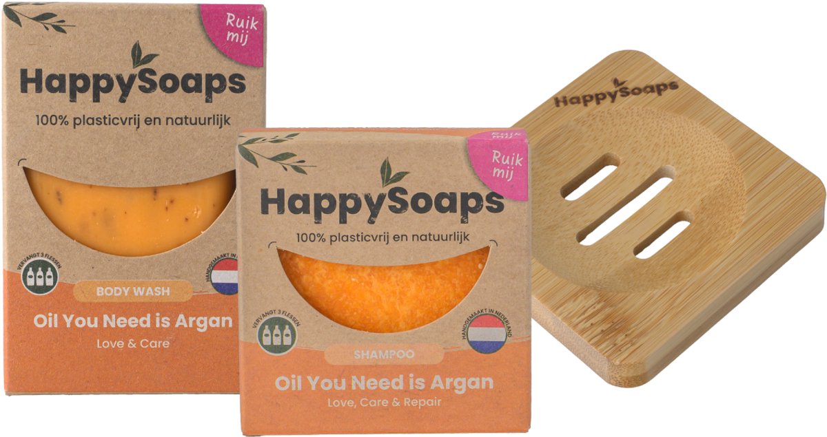 HappySoaps Oil You Need Is Argan – Luxe Verzorgingsset – Shampoo Bar + Body Wash Bar + Bamboe Zeephouder – Natuurlijk & Plasticvrij
