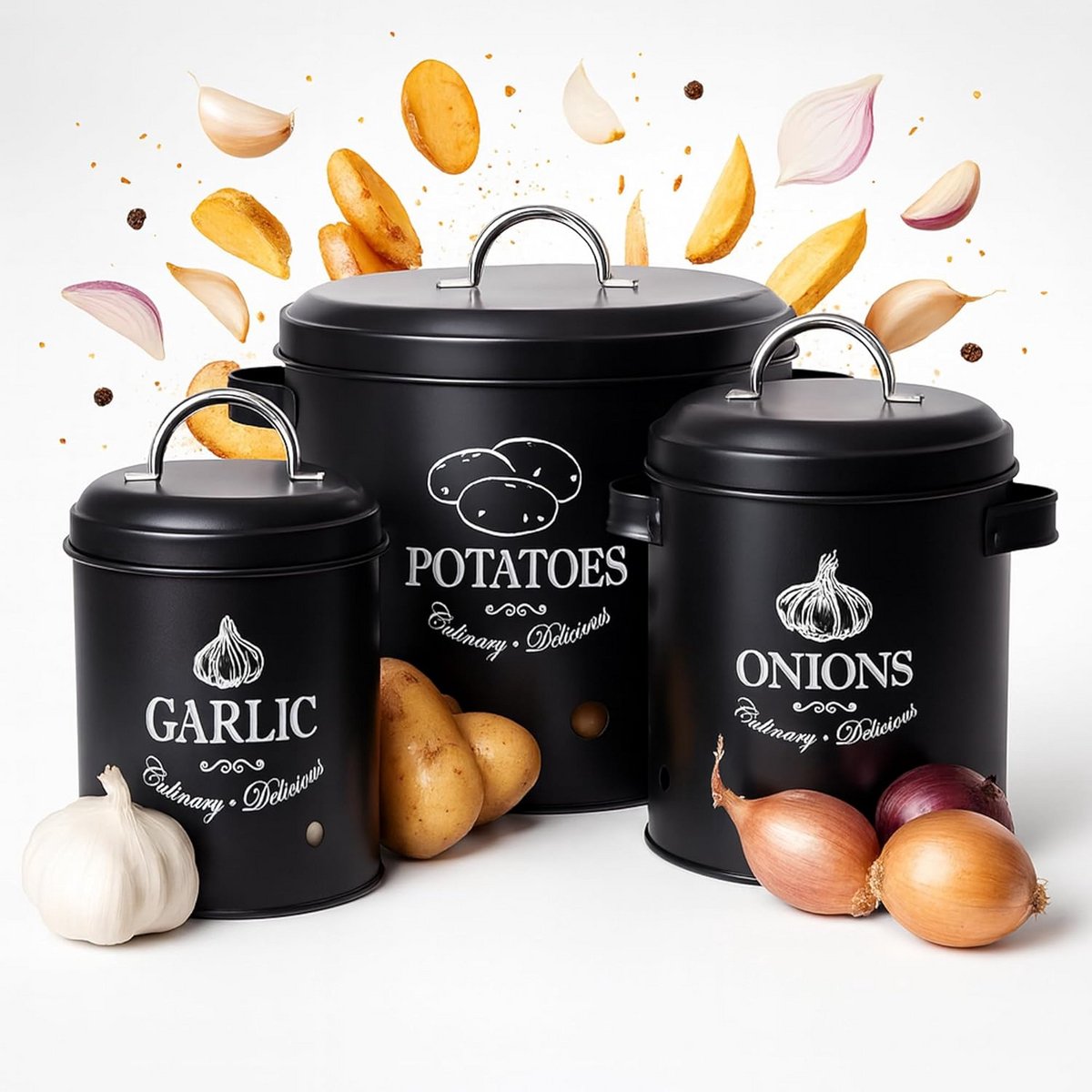 Set voorraadbussen voor aardappelen, uien en knoflook - Zwarte keukenopslag