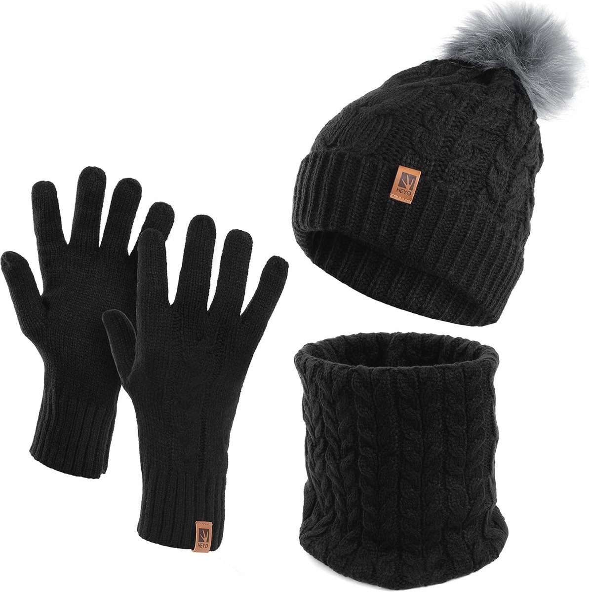 Warme 3-delige Winterset voor Dames - Gevoerde Muts, Colsjaal en Handschoenen