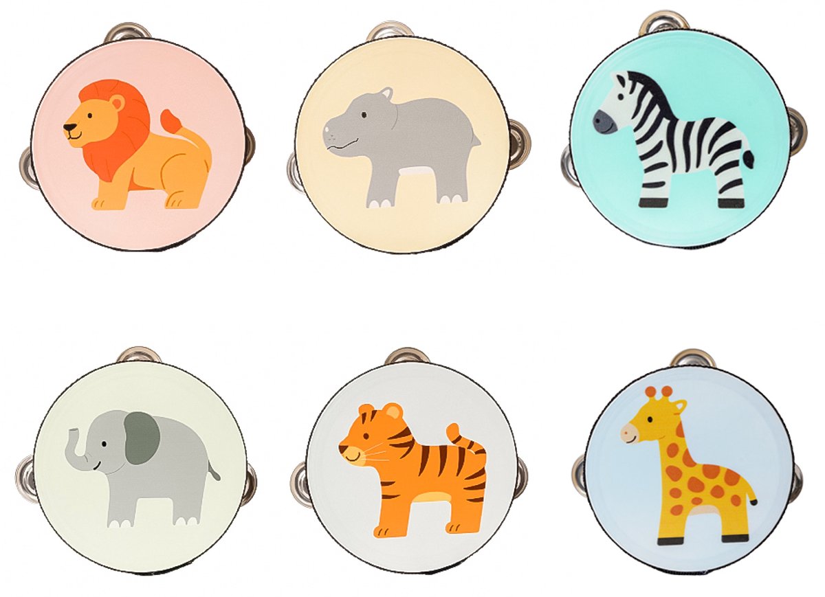 Speelgoedtopdeals - Houten Tamboerijn - Wilde Dieren - 6 assorti - Muziekinstrument voor kinderen