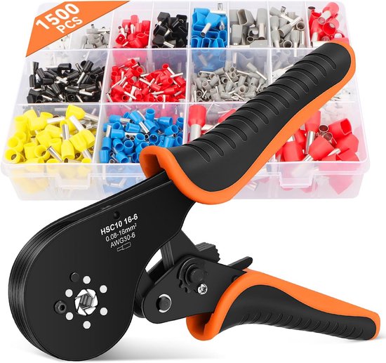 Ensemble professionnel de pince à sertir autoréglante avec 1500 embouts de câble isolés pour installations électriques 0,08-16 mm²