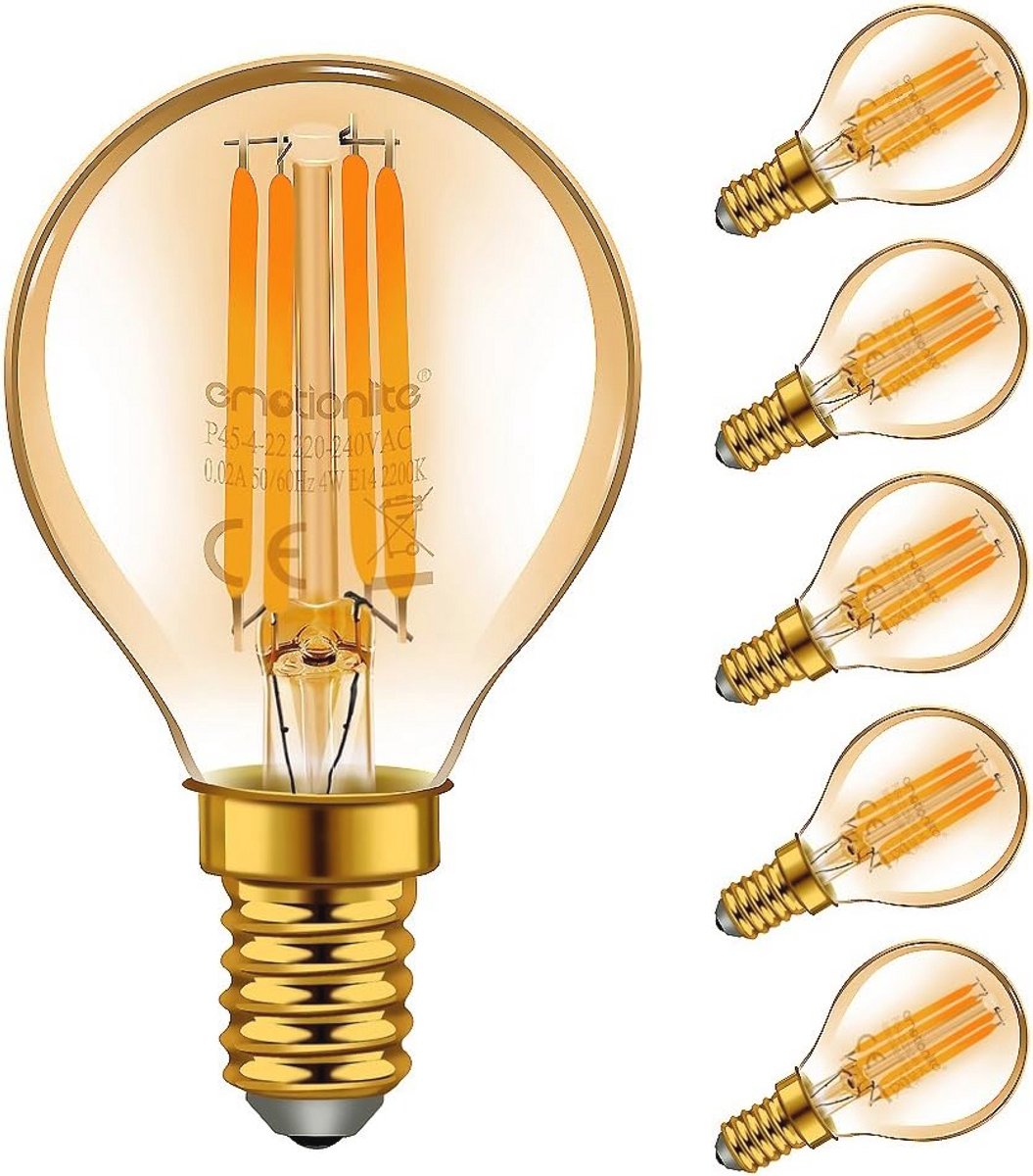 E14 LED Vintage Lamp - 6 Stuks Amber Gloeien, 4W (40W Equivalent), Energiezuinig, 2200K