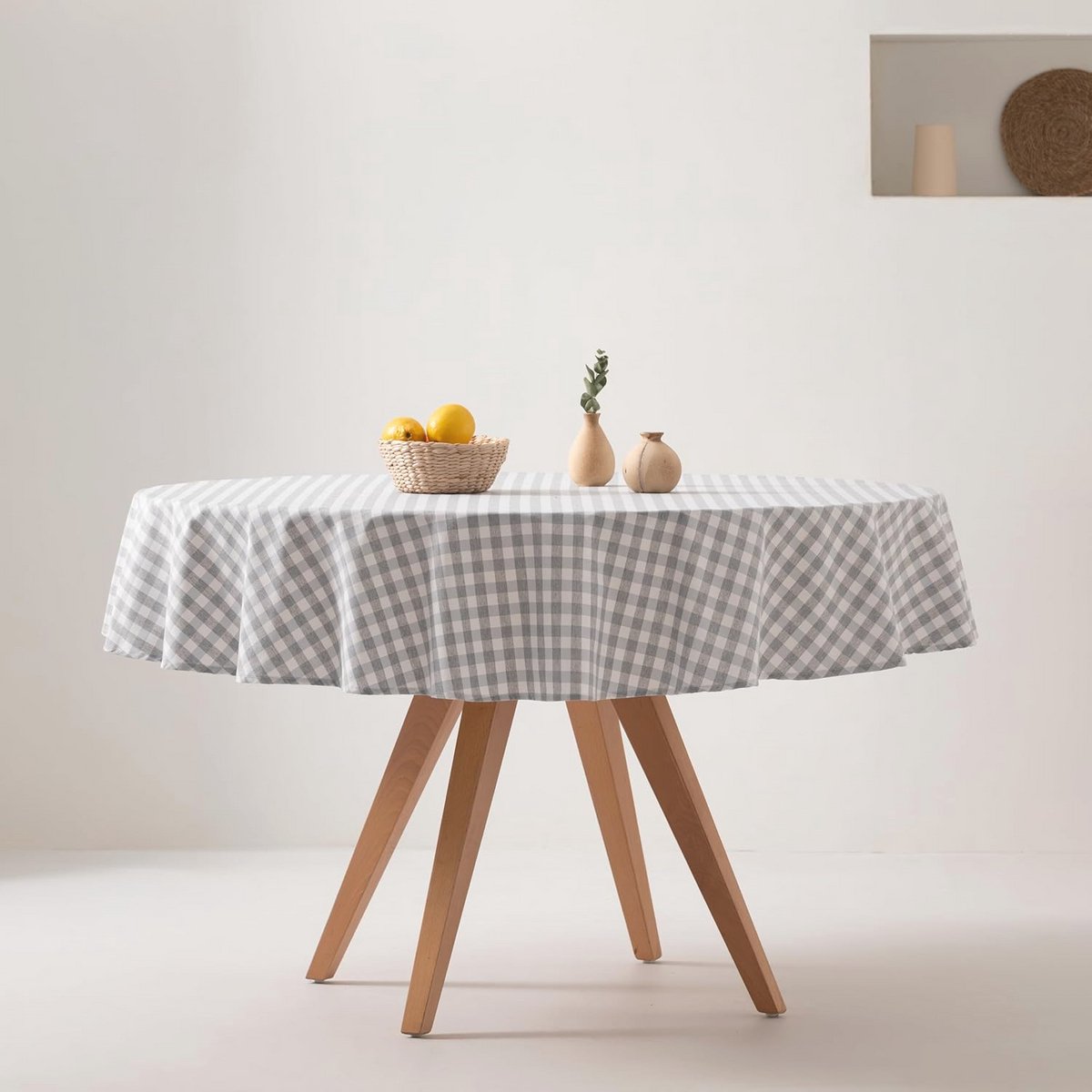 Vlekafstotend rond tafelkleed met Vichy-ruitpatroon - 160 x 160 cm - Lichtgrijs