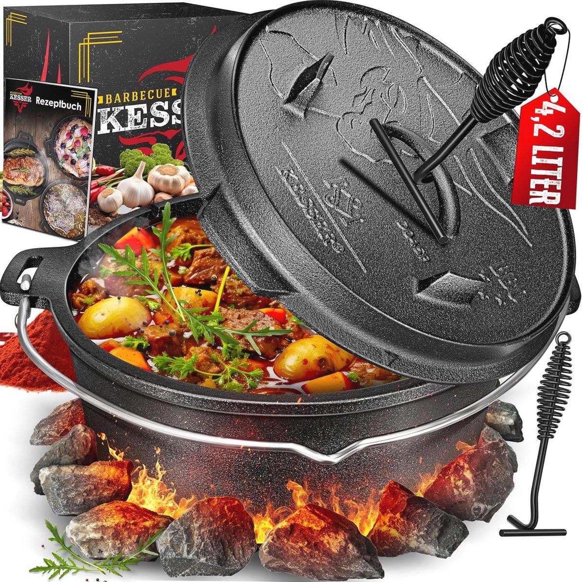 Gebruiksvriendelijke gietijzeren Dutch Oven set - 4,2 liter, multifunctioneel kooktalent voor binnen en buiten
