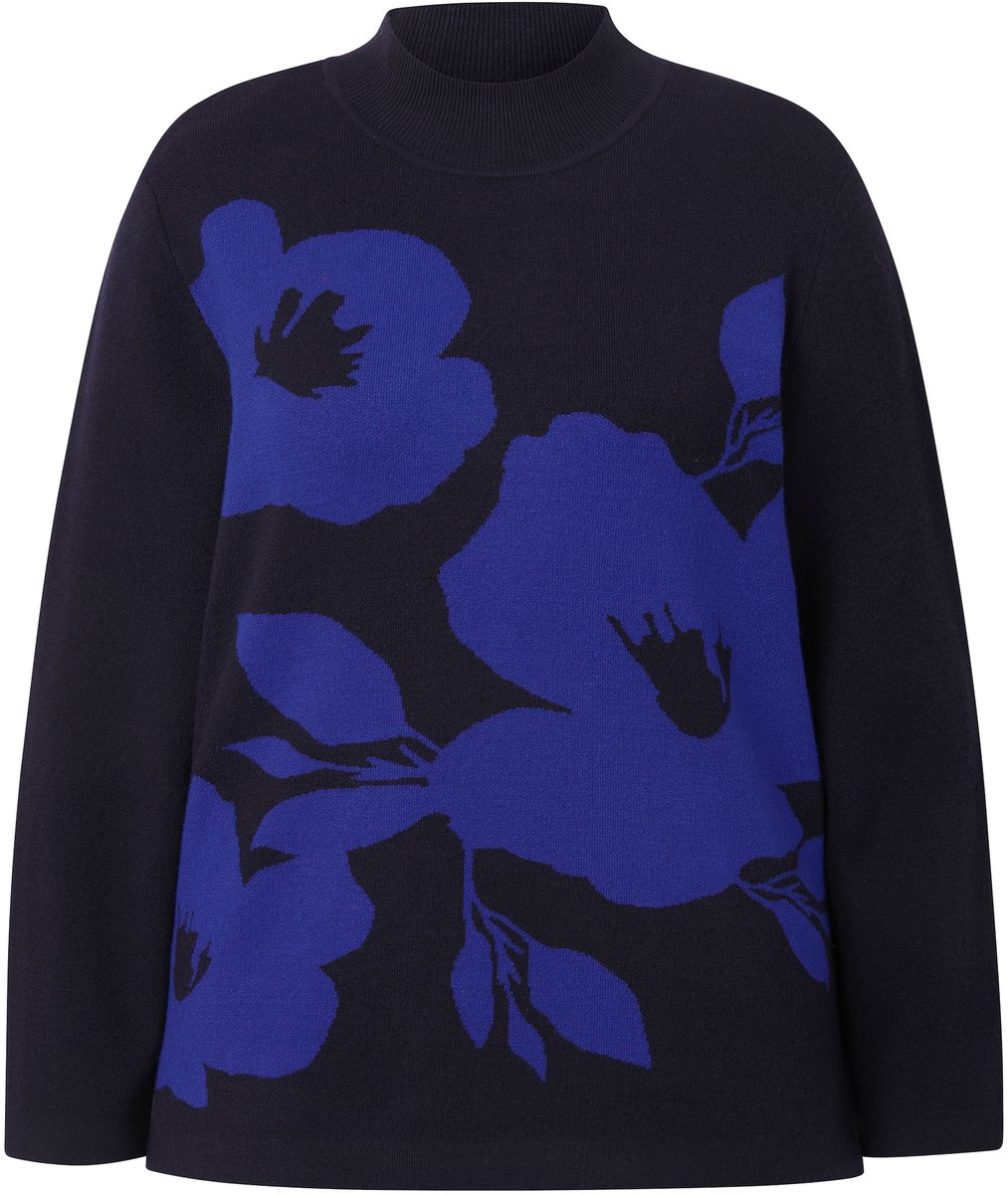 Ulla Popken - Dames - Trui bloemen oversized opstaande kraag lange mouwen - Kobaltblauw - Maat 62+