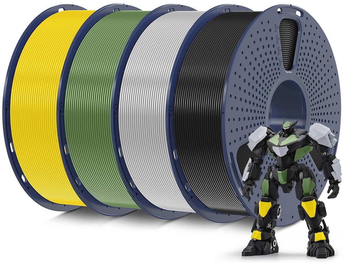 PLA 3D Printer Filament Bundle - 1.75mm, 1KG Spoel (4 Pack) - Zwart, Olijfgroen, Zilver, Geel