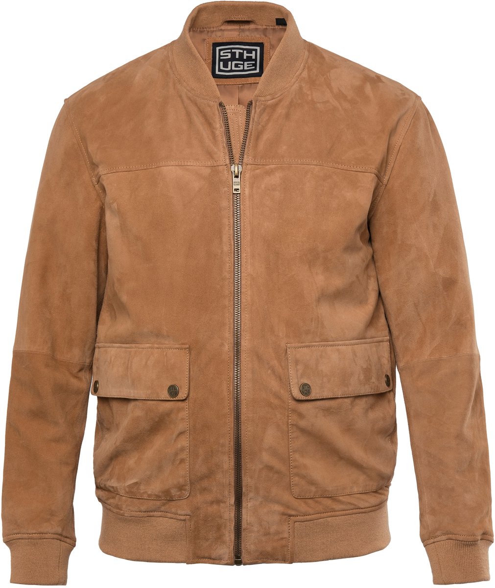STHUGE - Heren - Leren blouson geitensuède collegekraag - Kaneelbruin - Maat XXL