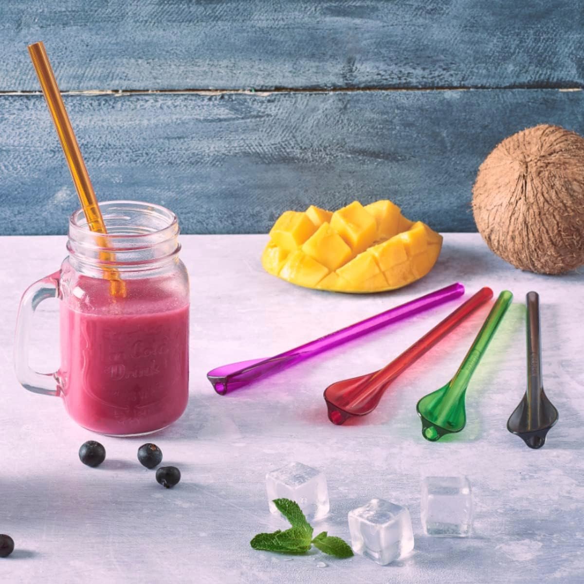 Herbruikbare Rietjes met Lepel - Set van 6 Rietjes voor Cocktails - Vaatwasmachinebestendig in Diverse Kleuren