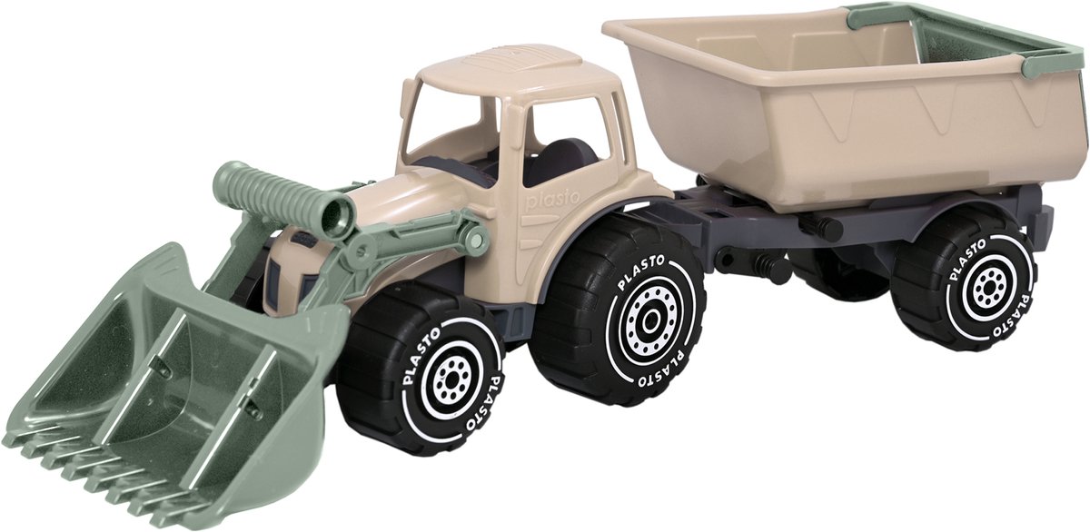 Plasto Tractor met Voorlader en Aanhanger Zandkleur 57 cm - Speelgoedvoertuig - Complete Set - Special Edition Zachte Neutrale Kleuren - BPA-vrij - Gemaakt in Finland - Vanaf 1 Jaar