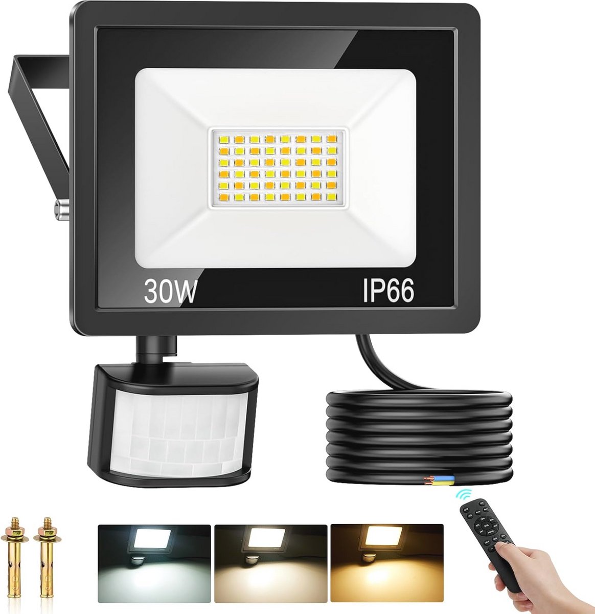 30W LED Spot met Bewegingsmelder voor Buiten - Dimbaar, 2700 Lumen, Waterdicht, Met Afstandsbediening - Warmwit, Neutraal Wit, Koudwit