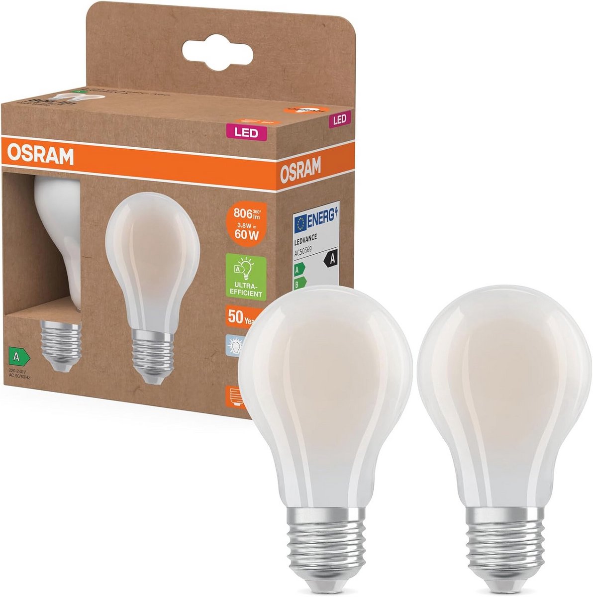 Energiezuinige LED-lamp in klassieke gloeilampvorm, 3,8 W, 806 lm, koud wit licht (4000 K), E27 fitting
