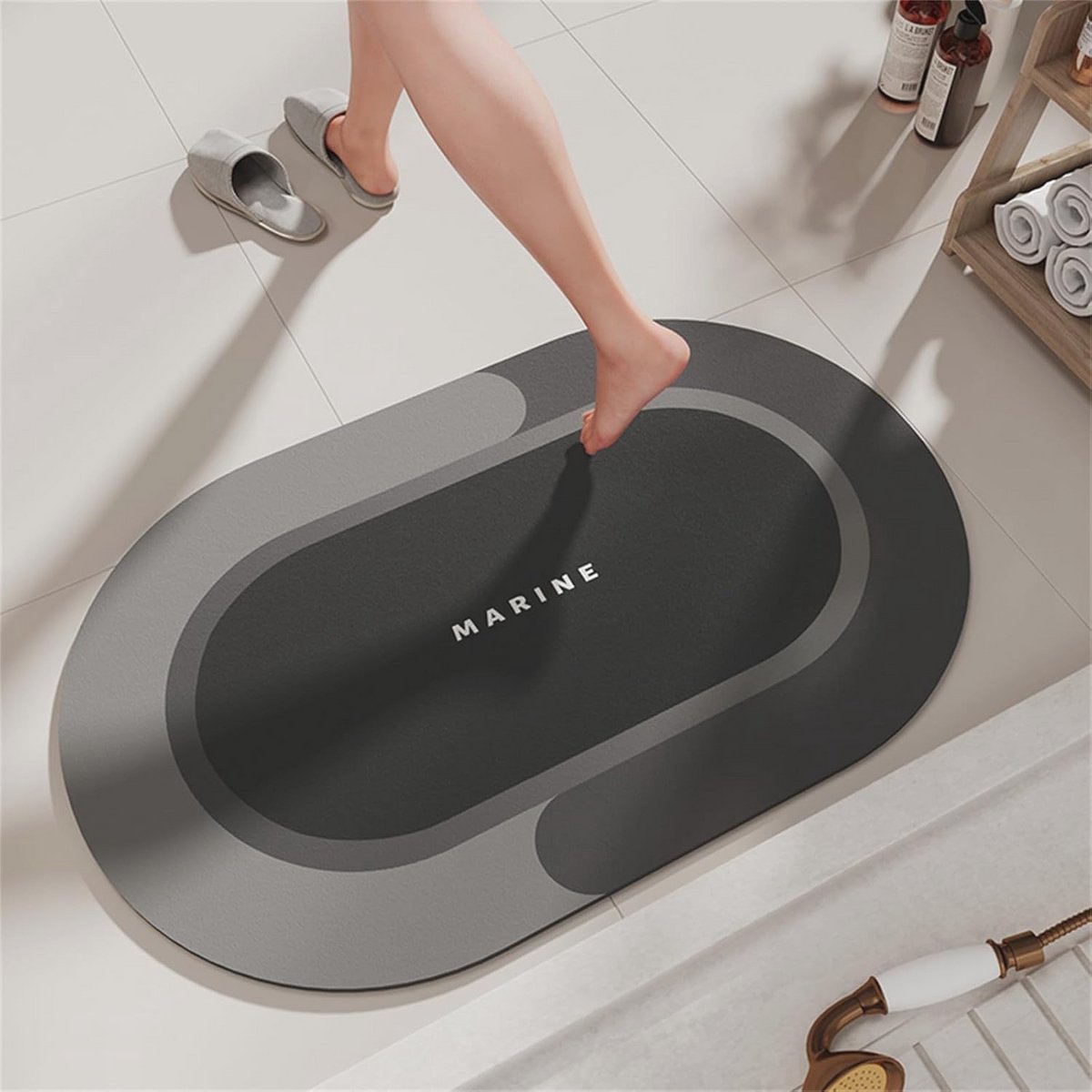 Super absorberende badmat - sneldrogende antislip vloermat voor badkamer en keuken (donkergrijs, 45 x 70 cm, ovaal)