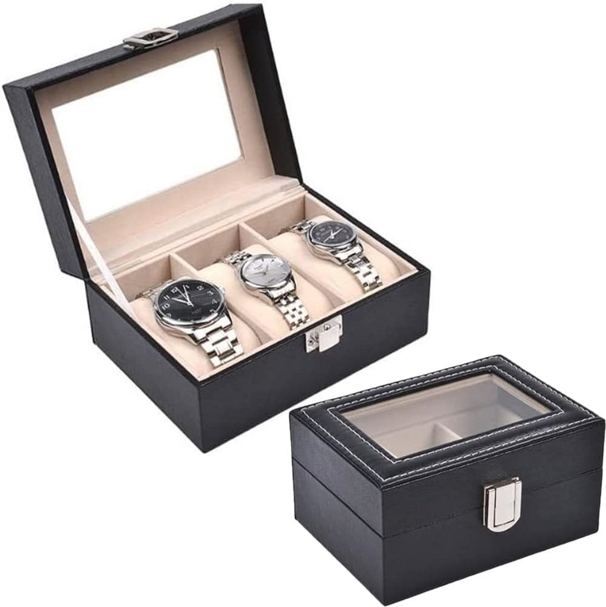 Horlogedoos met 3 vakken van PU-leer met glazen deksel - Luxe opbergoplossing voor horloges - Cadeau-idee voor elke gelegenheid