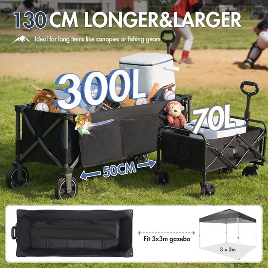 Opvouwbare Bolderkar XXXL - 400 L Capaciteit, 160 kg Belastbaar - Handwagen met Bekerhouder en Zijvak voor Strand, Tuin, Camping en Festivals van Merkloos — afbeelding 2