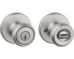 Kwikset Tylo deurknop met slot en sleutel, veilige handgreep met sleutel, buitenzijde, vooringang en slaapkamer, satijnnikkel, pick-resistant SmartKey Rekey Security en Microban
