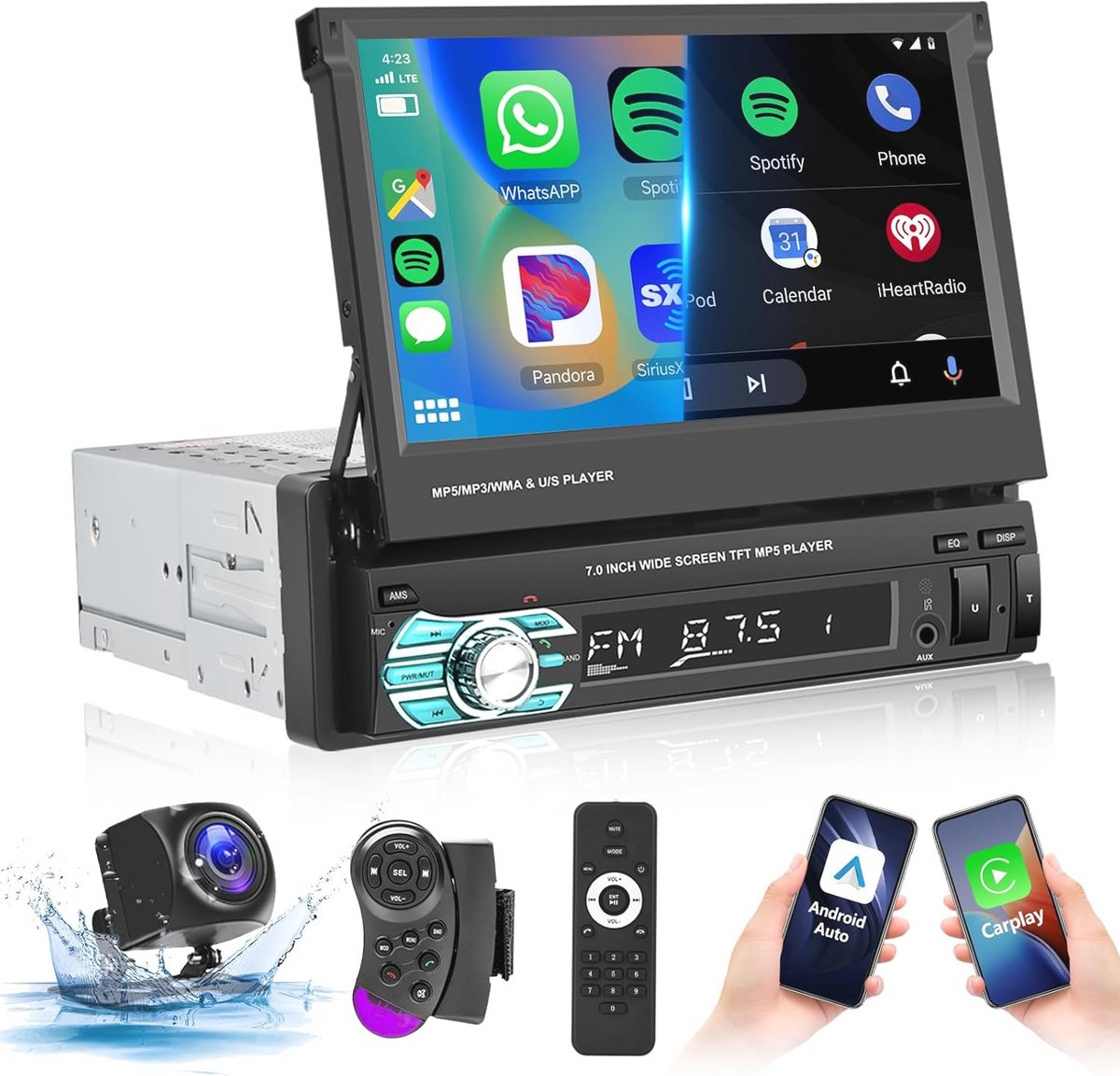 Autoradio met Klapscherm – Apple Carplay & Android Auto – Met 7 Inch Scherm – Inclusief Microfoon – Met Achteruitkijkcamera – USB, Aux, Bluetooth - Zwart