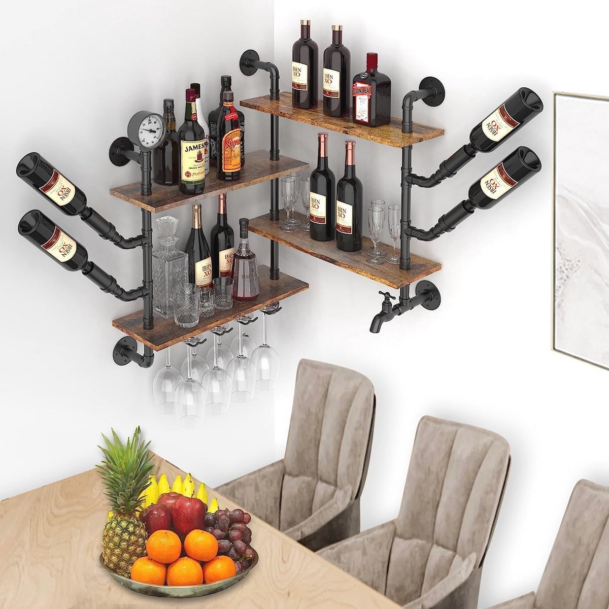 Industriële Wijnrek voor Wandmontage - Vintage Design met Glashouder - 100 x 75 cm