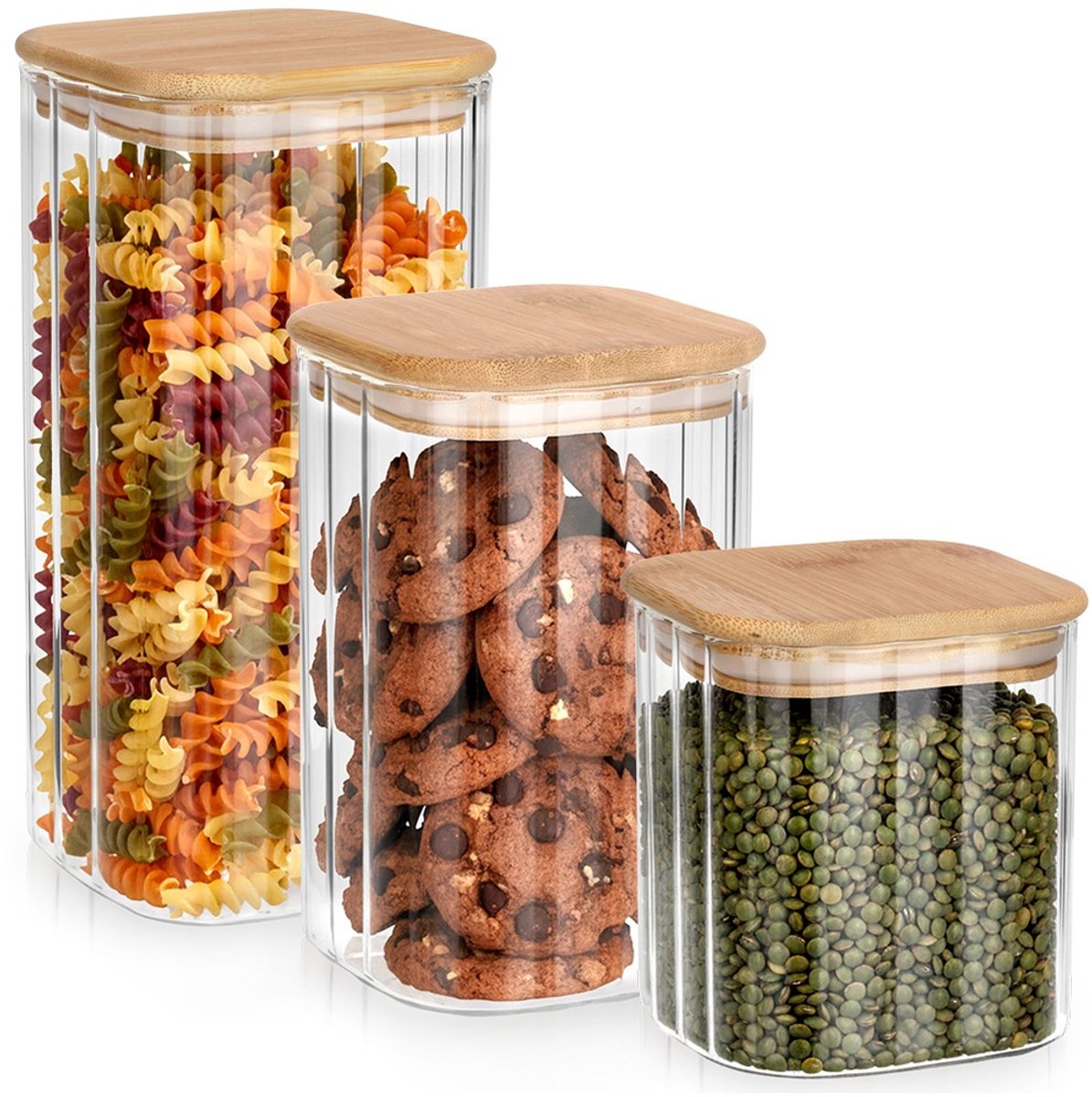 Voorraadpotten Set van 3 - Glas - 1,6L / 1,1L / 750ml - Met Luchtdicht Deksel en Afdichting