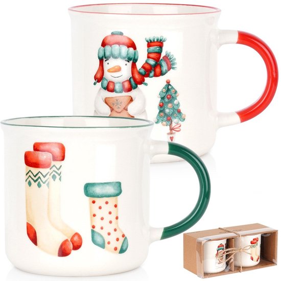 Mug de Noël en porcelaine – 320 ml – Set de 2 – Design bonhomme de neige, Père Noël et Chaussettes de Noël en sucre d'orge – Remise sur volume
