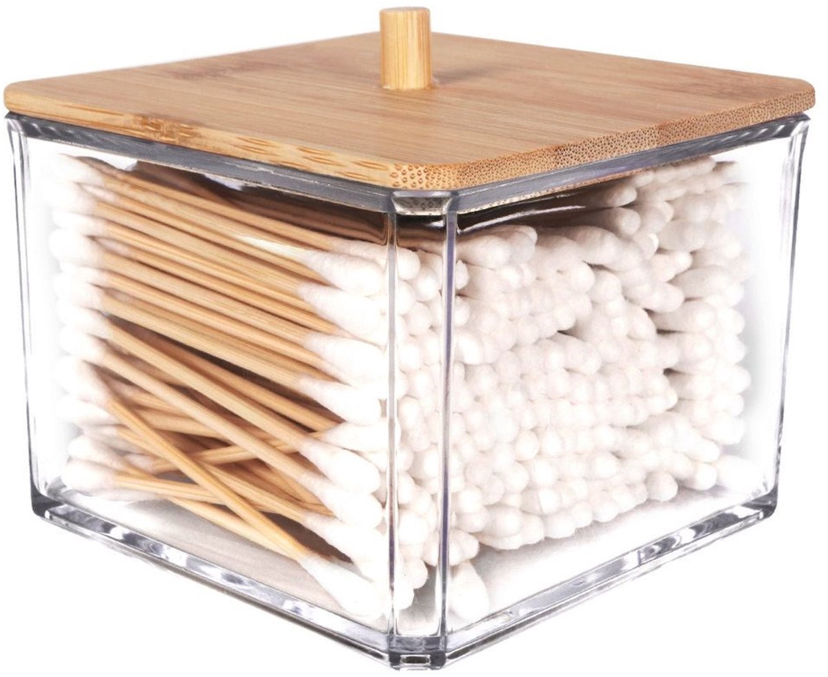 Eleganza - Cosmetische Wattenstaafjes Houder - Bamboe Deksel - Transparant