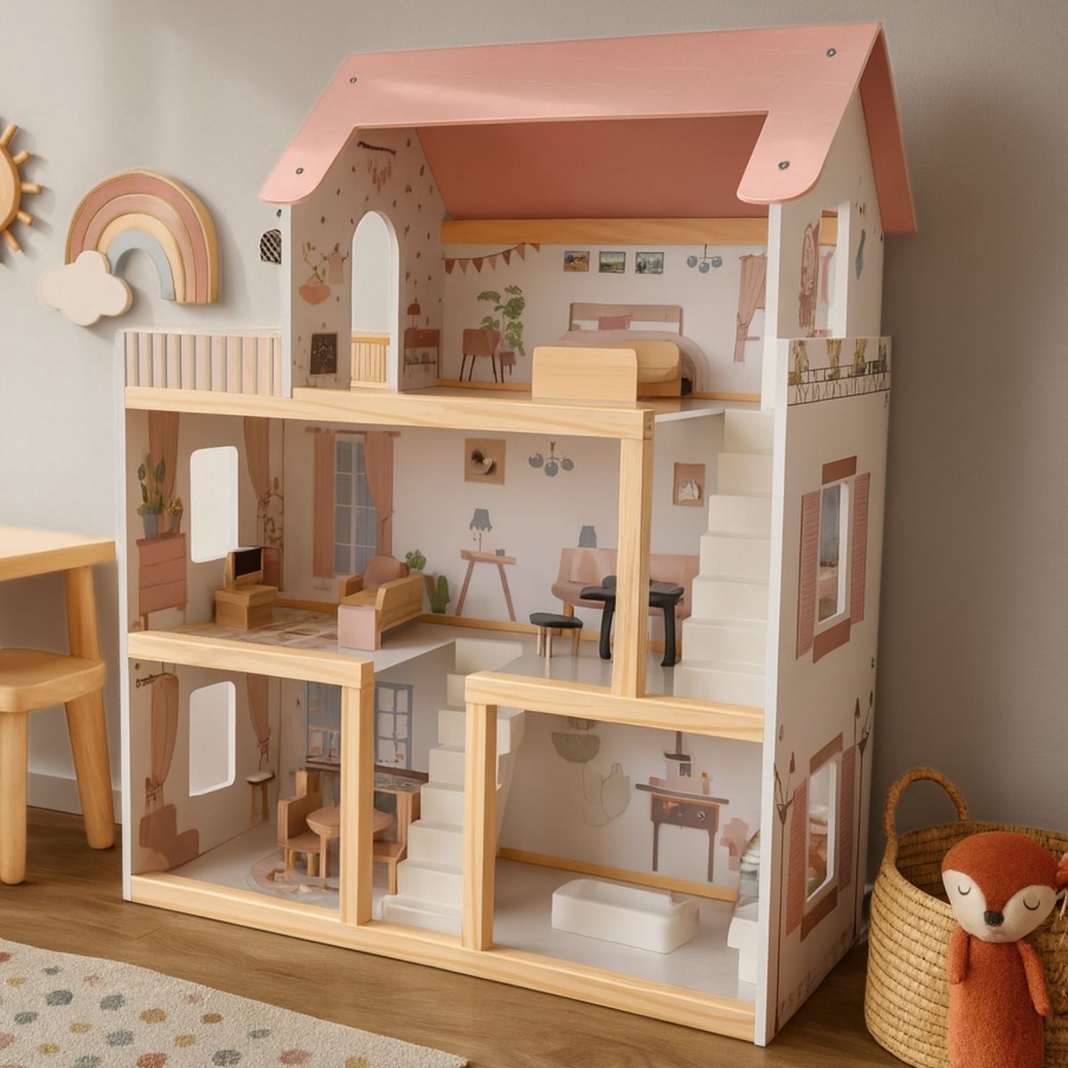Maxx Kidz - Houten Poppenhuis met Meubels - Dollhouse van Hout - Kinderspeelgoed voor Jongens en Meisjes - Inclusief Accessoires & Led Strip - 80 cm