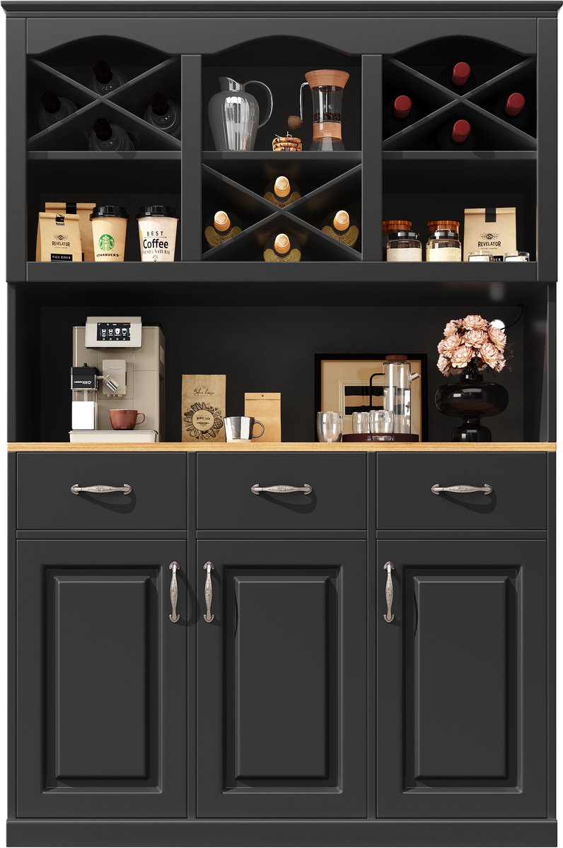 Keukenkast (120 × 40 × 180 cm), hoge keukenbuffet, multifunctioneel buffet, snackkast, opbergmeubel met drie deuren, drie lades en LED-verlichting, zwart — cadeau in Cadeau-ideeën - foto 6