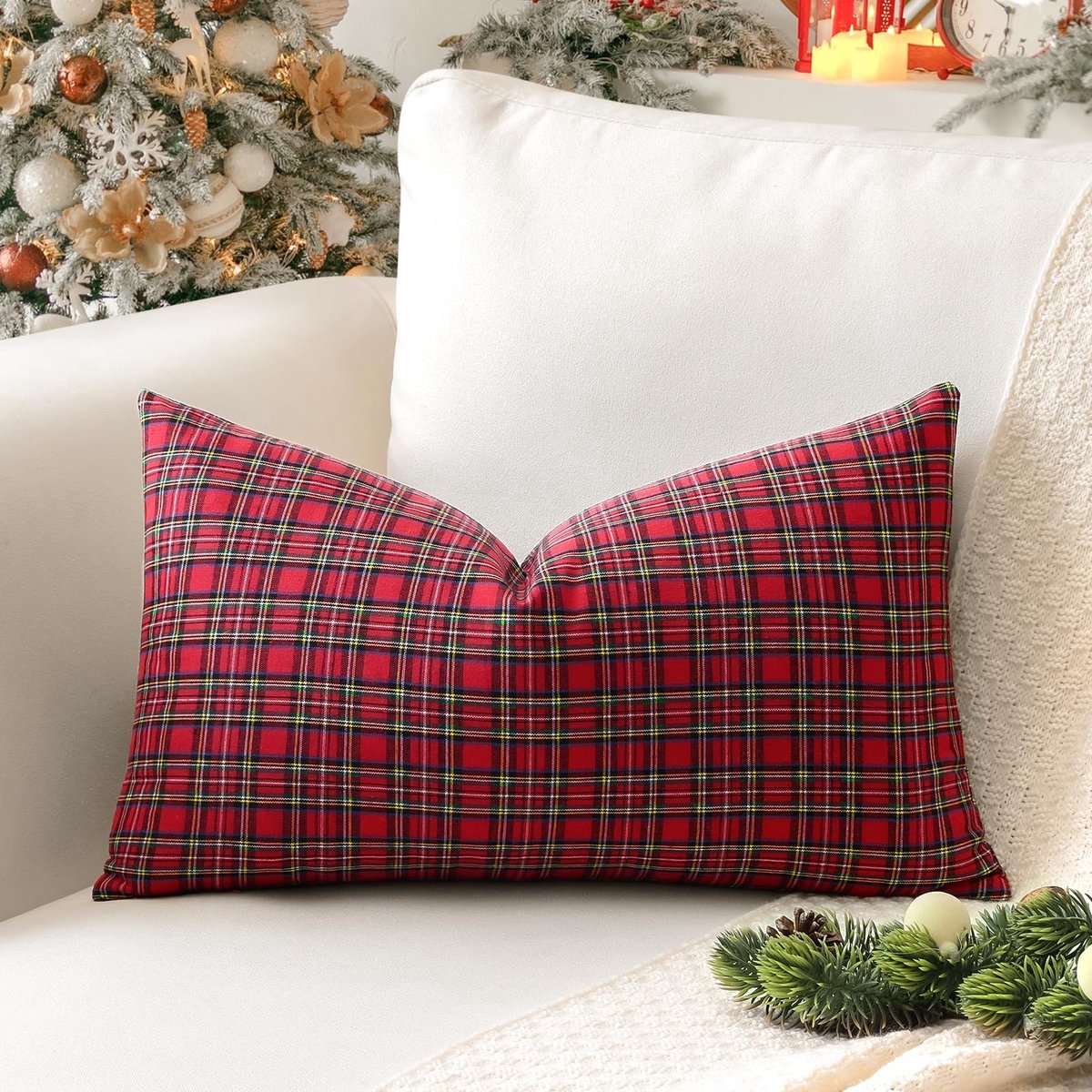 Unyqoos Decoratieve tartan kussenhoes voor bank en slaapkamer in rood 30x50 cm