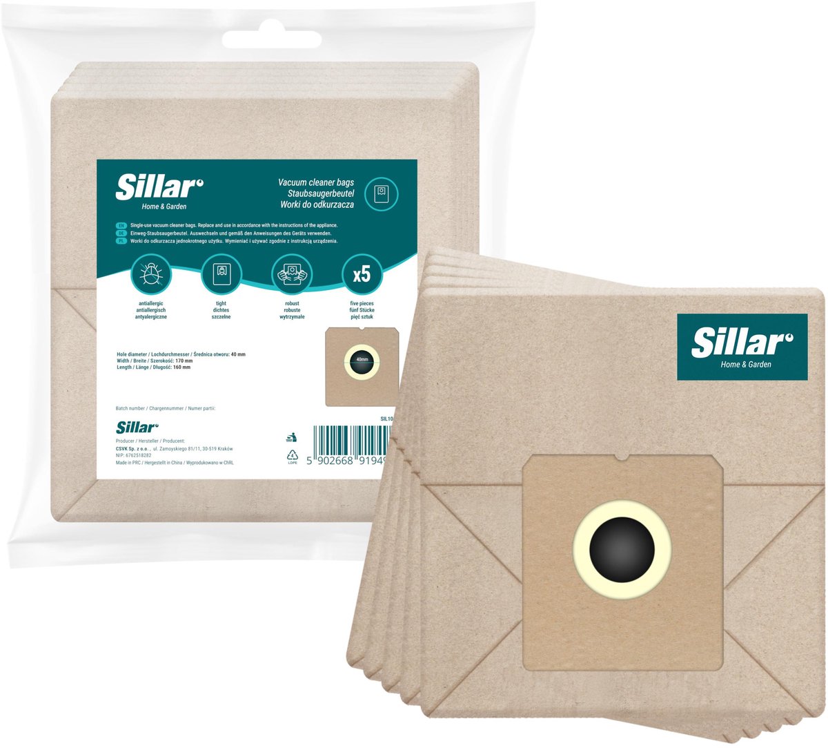 Sillar stofzuigerzakken - papier - 2 filterlagen - biologisch afbreekbaar - universeel - vervanging voor traditionele stofzuigers - Zelmer, Amica, Beko, Hoover, Philips, MPM - 17 x 16 cm - 5 stuks