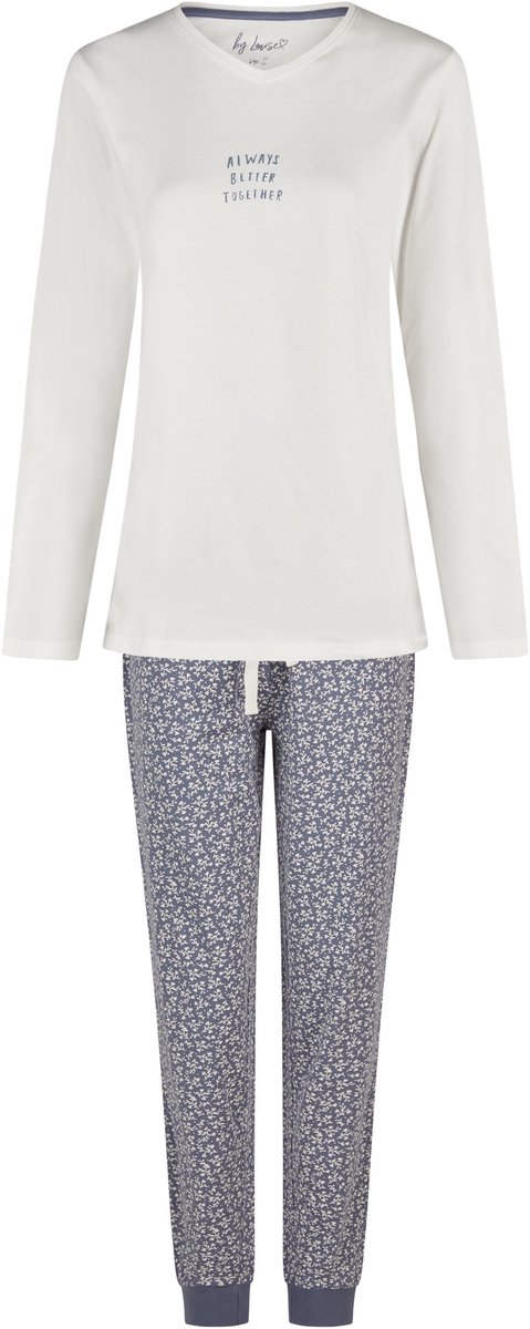 By Louise Dames Pyjama Set Lang V-Hals Off-White/Donkerblauw Gebloemd