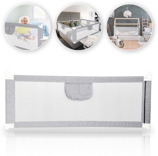 Barrière de lit 180CM - Universel - Extra Long - Ajustable - Bord de lit - Barrière de lit - Grille de lit - Protecteur de chute Sécurité anti-chute - barrière de lit - avec filet de retenue - Grijs