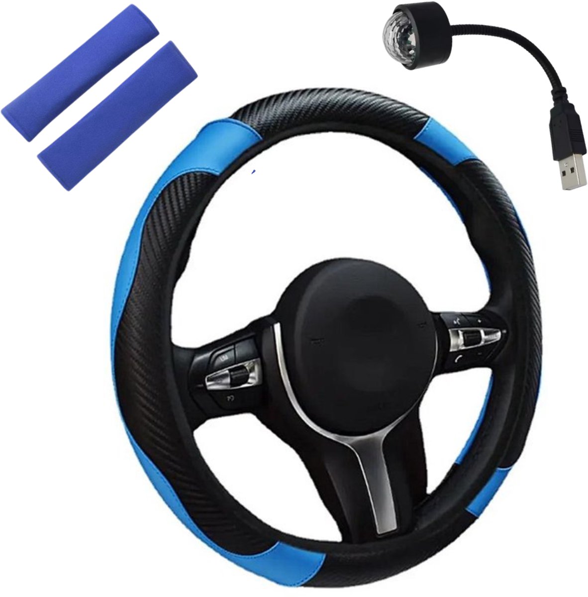 COCHO® SportDrive Set – Blauw | Stuurhoes + 2x Gordelhoezen + Auto Interieur Verlichting | Luxe Comfort Auto Upgrade | Universeel 37–39 cm