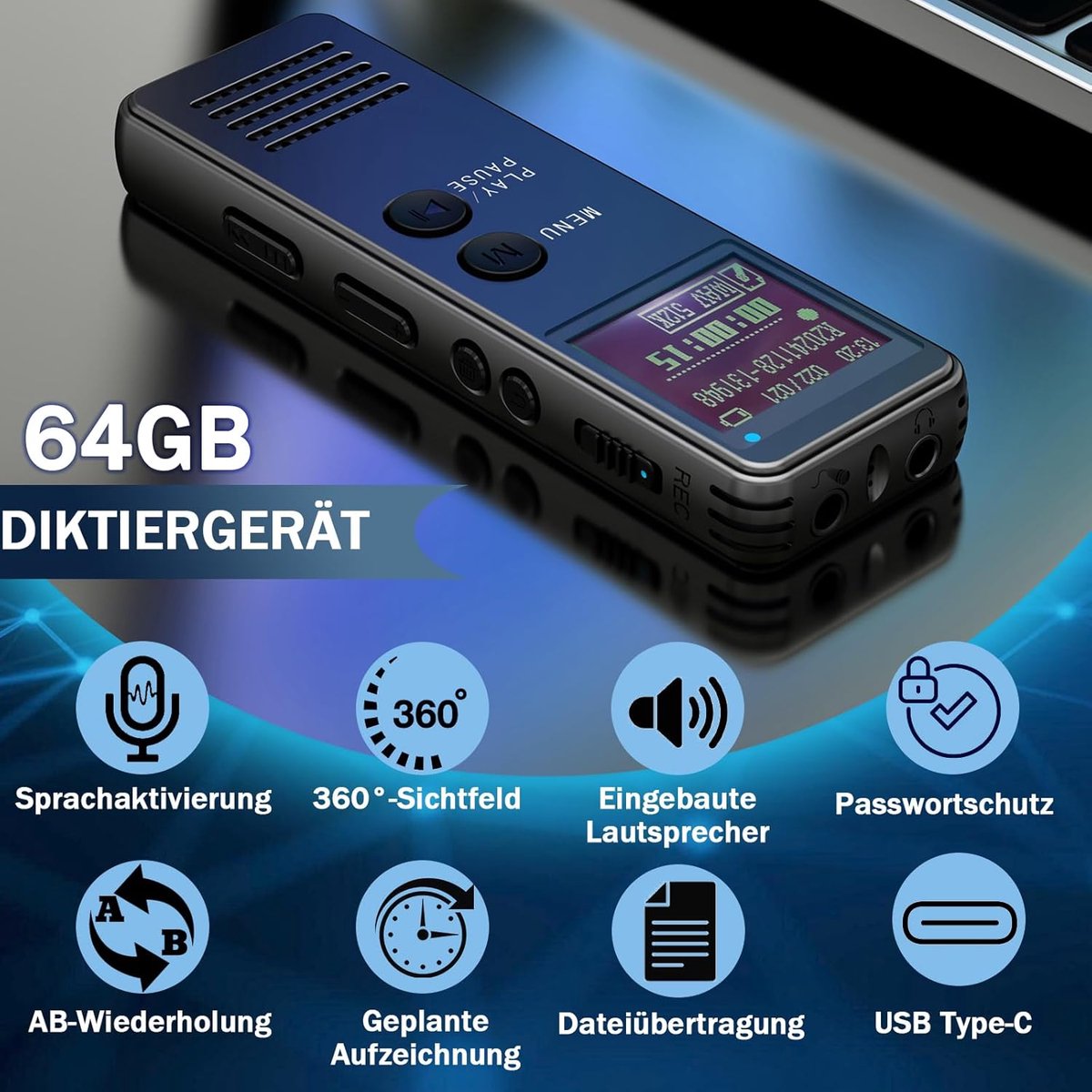 64 Digitaal Dicteerapparaat met Spraakherkenning 64 GB - afbeelding 2