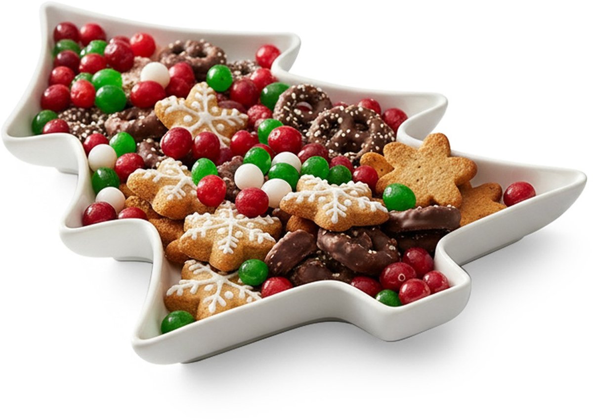 Serveerbord Porselein Wit Kerstboom 35x26x3 cm - Dienblad - Bord - Plateau