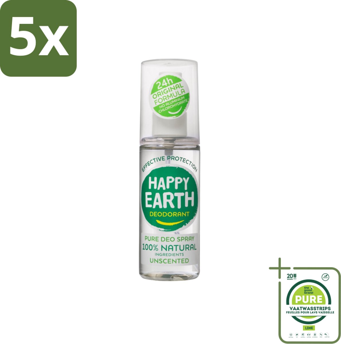 5 x Happy Earth – Deodorant Spray – 100% Natuurlijk Unscented – 100 ml - Grootverpakking - Geurloos Deodorant - Hypoallergene Deodorant - Natuurlijke Deodorant - Deodorant Voor Gevoelige Huid - Mineralen Deodorant