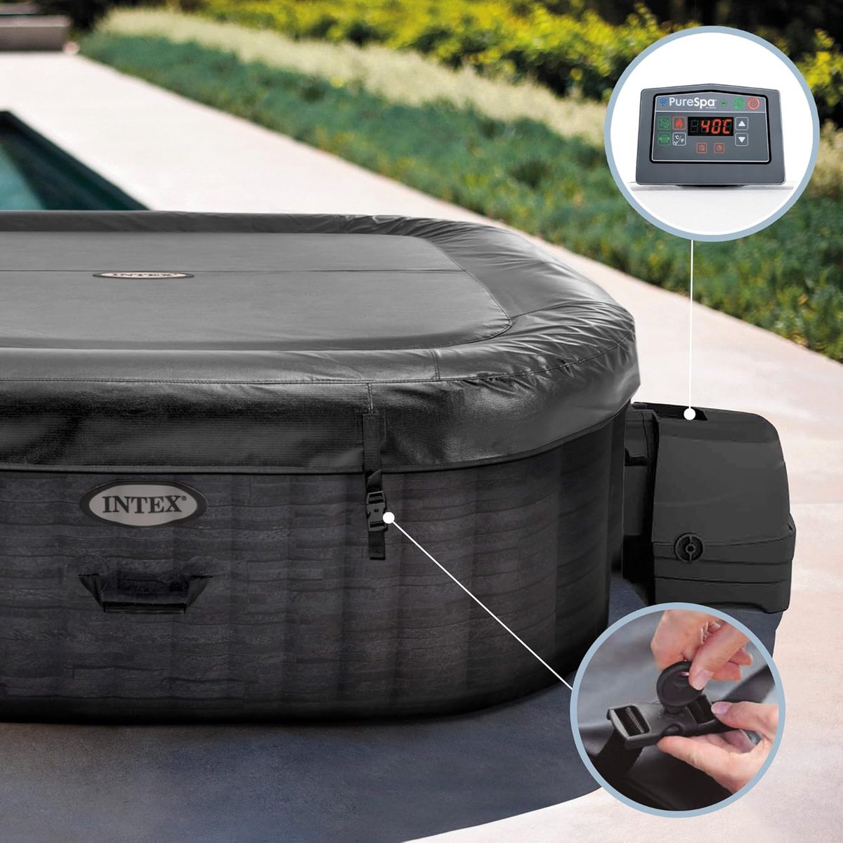 Smart Luxe Zoutwater Spa Greywood Deluxe 175 x 175 x 71 cm - Opblaasbare Binnen/Buiten Whirlpool voor 4 Personen met 140 Jets, App-Bediening en Zoutwatersysteem door Alta Furniture