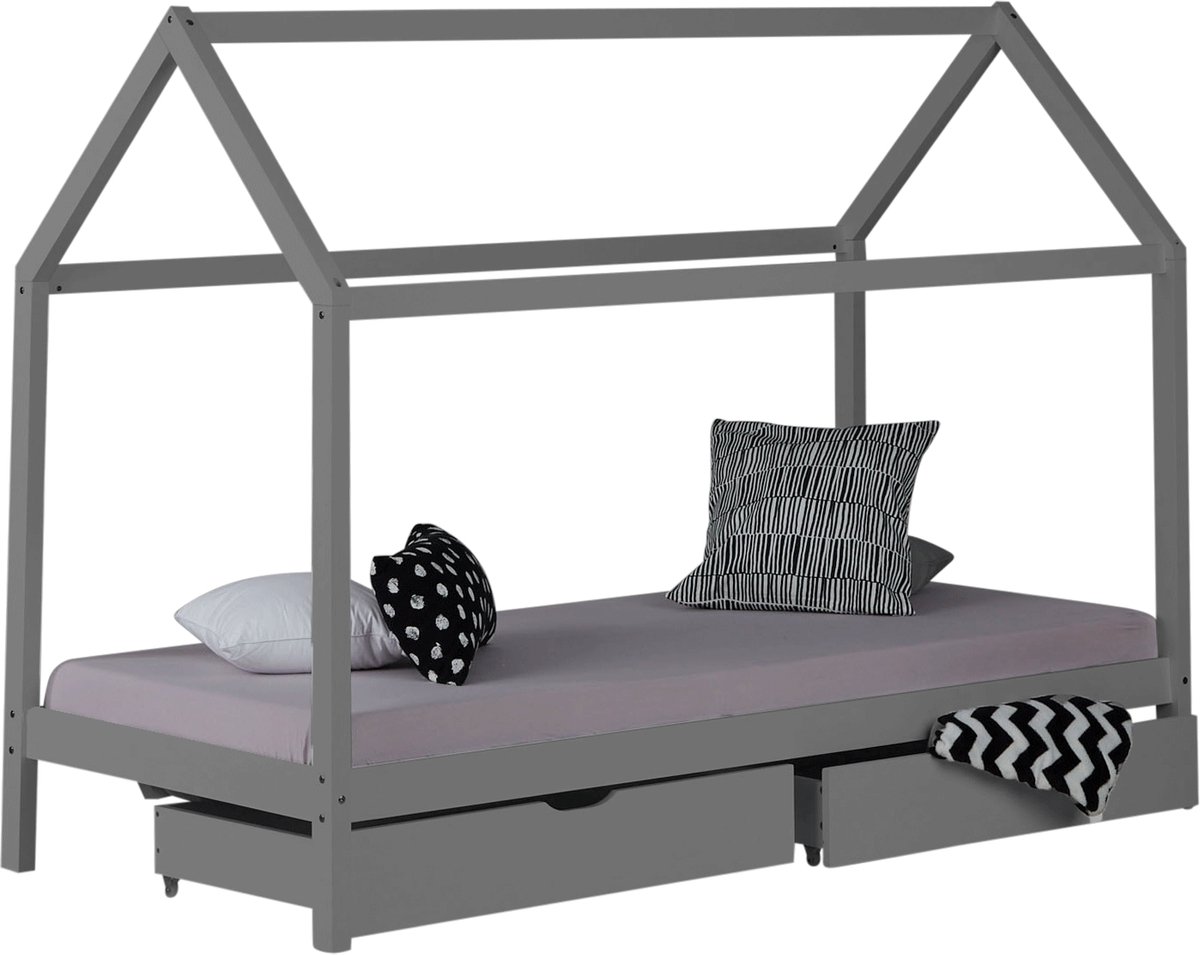 Homestyle4u Kinderbed 90x200 cm - Huisbed met matras - bedbak - Grijs