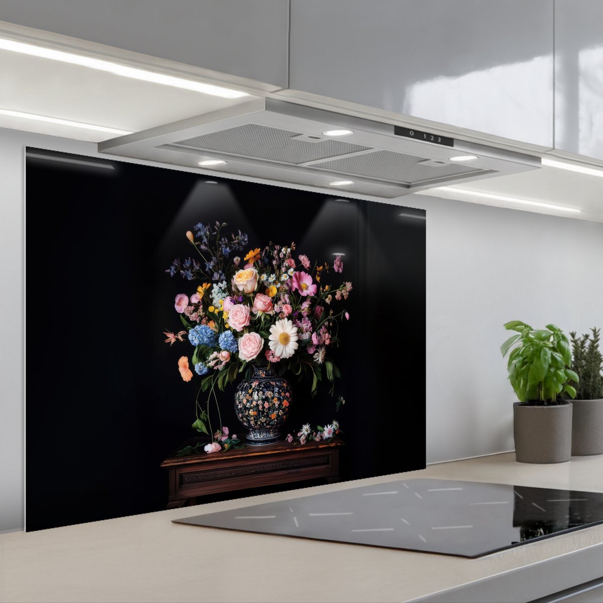 KitchenYeah Spatscherm 80x55 cm Zelfklevende achterwand Bloemenvaas Hout Bloemen Boeket Keuken muurbeschermer Spatwand fornuis