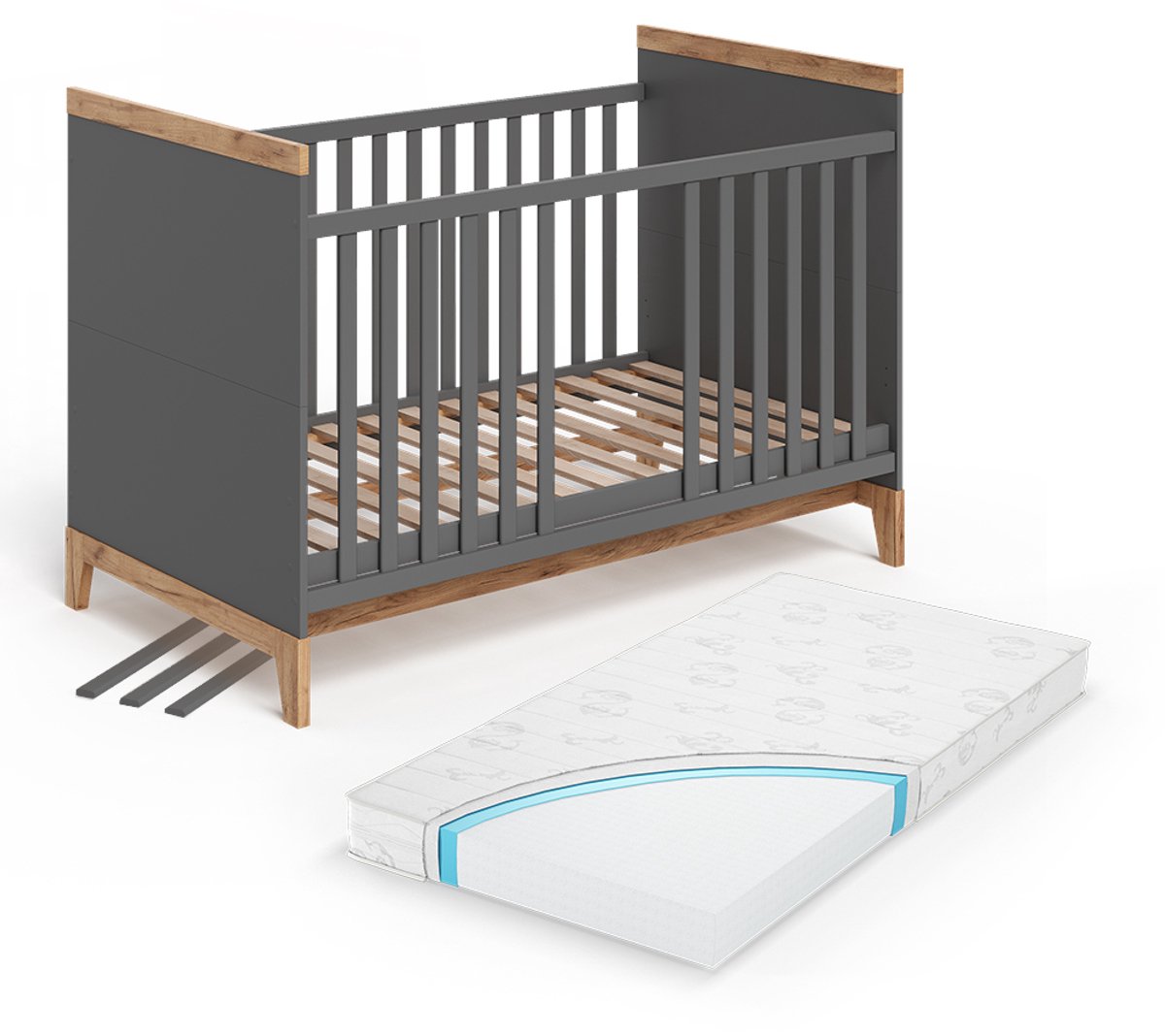 vitalispa Malia Babybed – 70x140 cm met matras Grijs/Kunstnijverheid Grijs/Artisanaal eiken